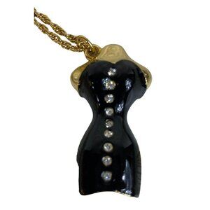Vtg 3D Dress Pendant Chain Necklace Rhinestones Enamel Fashion Dressmaker Design
